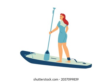 Woman with paddle standing on paddleboard flat cartoon vector illustration isolated on white background. Paddleboarding water sport and extreme beach activity.