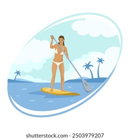 Mujer que practica paddleboarding en un entorno tropical, llevando un bikini. Fondo azul con nubes, palmeras y agua. Concepto de actividad de verano. Ilustración vectorial