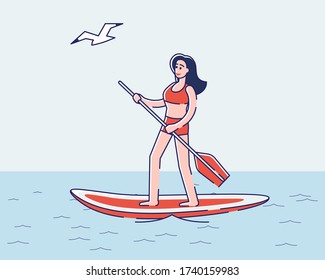 Woman paddling on sup board. Young cartoon female riding surfboard boarding with paddle. Summertime water sport activity and recreation concept. Linear vector illustration