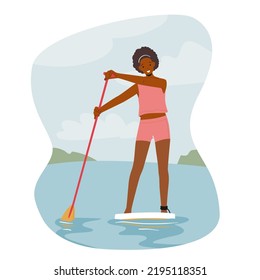 Woman Paddling on SUP Board. Young Female Character in Swimwear Holding Paddle Stand on Surfboard. Outdoors Summertime Water Sport Activity, Recreation, Leisure. Cartoon People Vector Illustration