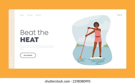 Woman Paddling on SUP Board Landing Page Template. Young Female Character in Swimwear Holding Paddle Stand on Surfboard. Water Sport Activity, Recreation, Leisure. Cartoon People Vector Illustration