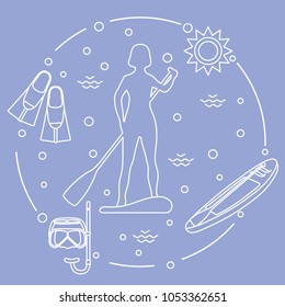 Woman paddling a stand up paddle board, mask, snorkel, flippers, sun, boat, paddle. Sports and recreation theme.