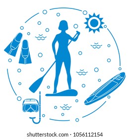 Woman paddling a stand up paddle board, mask, snorkel, flippers, sun, boat, paddle. Sports and recreation theme.