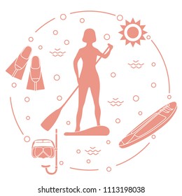 Woman paddling a stand up paddle board, mask, snorkel, flippers, sun, boat, paddle. Sports and recreation theme.