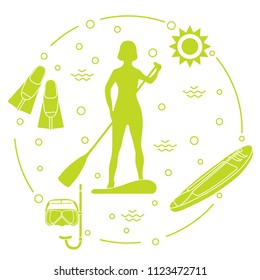Woman paddling a stand up paddle board, mask, snorkel, flippers, sun, boat, paddle. Sports and recreation theme.