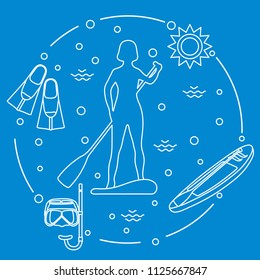 Woman paddling a stand up paddle board, mask, snorkel, flippers, sun, boat, paddle. Sports and recreation theme.