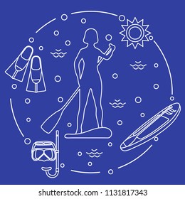 Woman paddling a stand up paddle board, mask, snorkel, flippers, sun, boat, paddle. Sports and recreation theme.