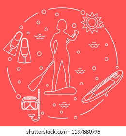 Woman paddling a stand up paddle board, mask, snorkel, flippers, sun, boat, paddle. Sports and recreation theme.