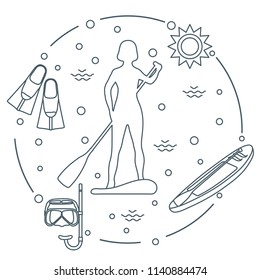 Woman paddling a stand up paddle board, mask, snorkel, flippers, sun, boat, paddle. Sports and recreation theme.