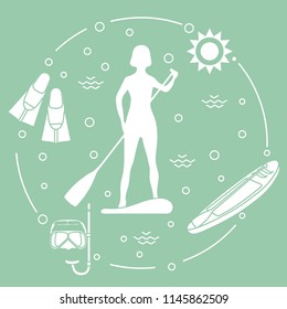 Woman paddling a stand up paddle board, mask, snorkel, flippers, sun, boat, paddle. Sports and recreation theme.