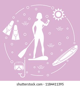 Woman paddling a stand up paddle board, mask, snorkel, flippers, sun, boat, paddle. Sports and recreation theme.