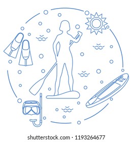 Woman paddling a stand up paddle board, mask, snorkel, flippers, sun, boat, paddle. Sports and recreation theme.