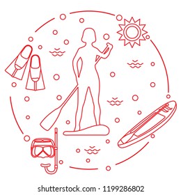 Woman paddling a stand up paddle board, mask, snorkel, flippers, sun, boat, paddle. Sports and recreation theme.