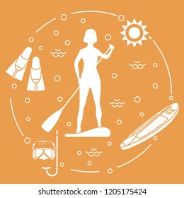 Woman paddling a stand up paddle board, mask, snorkel, flippers, sun, boat, paddle. Sports and recreation theme.