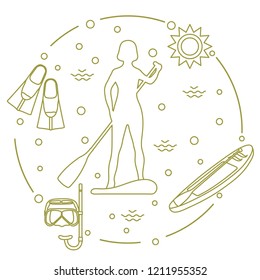 Woman paddling a stand up paddle board, mask, snorkel, flippers, sun, boat, paddle. Sports and recreation theme.