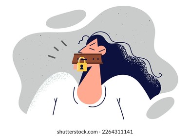 Woman with padlock near mouth to restrict freedom of speech and silence secret topics in news. Girl is trying to silence secret or is discriminated against and blocked due to unpopular opinion 