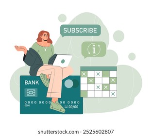 Mujer con Suscripción pagada. Muchacha joven con el ordenador portátil se sienta en la tarjeta bancaria Grande cerca del calendario. Marketing y comercio electrónico, pago. Ilustración vectorial plana aislada sobre fondo blanco