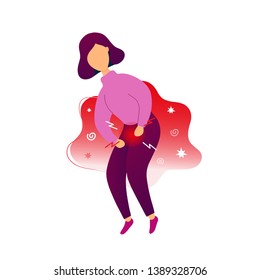 Woman With Pain In Bladder. Flat Trendy Style.Vector Illustration Character Icon. Isolated Of White Background. Urinary System Disease, Urine Incontinence, Genitourinary Discomfort, Cyst Concept.