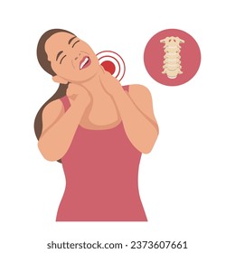 Woman with pain in the cervical and lumbar vertebrae. Back pain, muscle pain, osteoarthritis, rheumatoid arthritis. Medicine. Illustration, vector