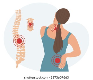 Woman with pain in the cervical and lumbar vertebrae. Back pain, muscle pain, osteoarthritis, rheumatoid arthritis. Medicine. Illustration, vector