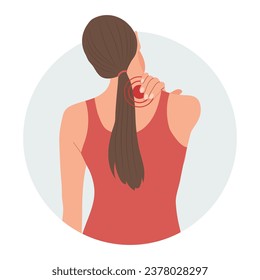 Woman with pain in the cervical and lumbar vertebrae. Back pain, muscle pain, osteoarthritis, rheumatoid arthritis. Medicine. Illustration, vector