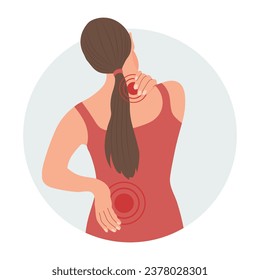 Mujer con dolor en la vértebra cervical y lumbar. Dolor de espalda, dolor muscular, artrosis, artritis reumatoide. Medicina. Ilustración, vector