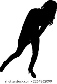 A woman with pain in her leg holds on to her injured leg while limping. The concept of pain and injury in the leg. Vector Silhouette