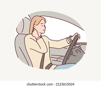 woman with pain at her neck after driving. Hand drawn style vector design illustrations.