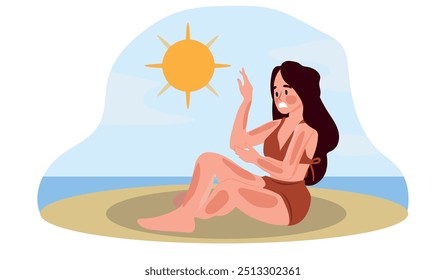 Woman In Pain With Skin Sunburn On Beach, Female Character with Red And Irritated Skin With Blisters And Discomfort Due To Overexposure To The Sun's Harmful Uv Rays. Cartoon People Vector Illustration