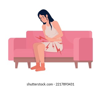 Woman with pain in stomach semi flat color vector character. Health disorder. Editable figure. Full body person on white. Simple cartoon style illustration for web graphic design and animation