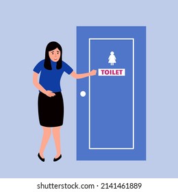 Woman painful urination concept vector illustration. Female holding pee in front of toilet. Diarrhea symptom.