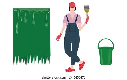 A woman with a paint brush in her hand, a bucket, green paint dripping on the wall - isolated on white background - flat style - vector
