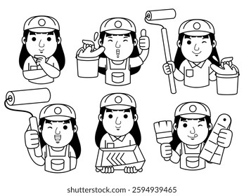 woman painter cartoon character line art