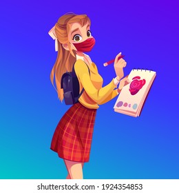 Woman Painter In Face Mask With Notebook And Pencil. Girl Student Drawing Pink Heart In Album. Vector Cartoon Girl With Backpack, Paper And Marker. Young Woman In Medical Mask Create Sketch