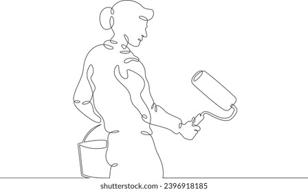 Woman painter. Female character painting walls at construction site. Woman painter with roller and paint. Handyman. Wrench. Repair. One continuous line drawing. Linear. Hand drawn, white background