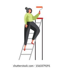 Woman painter with paint roller standing on ladder, vector flat illustration isolated on white background. Painting wall, home apartment repair remodeling renovation services.