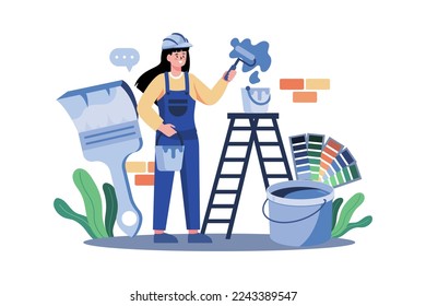 Woman Painter Painting Wall Illustration concept on white background