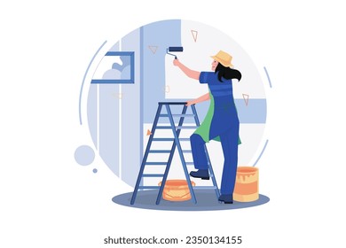 Woman Painter Painting Wall Illustration concept on white background