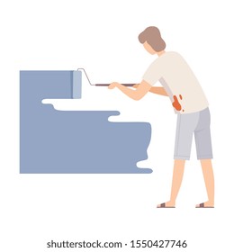 Woman Painter Paints The Wall With Roller In Bluish Grey Flat Vector Illustration