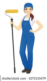 Woman painter smiling standing with roller vector illustartion isolated