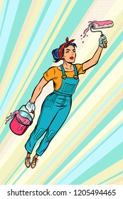 woman painter, superhero flies. Pop art retro vector illustration vintage kitsch