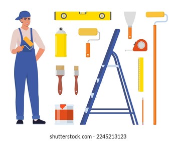 Woman painter in uniform with paint roller. Set of painting tools, brush, roller. Decorator job, interior renovation service. Vector illustration