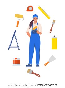 Woman painter in uniform with paint roller. Set of painting tools, brush, roller. Decorator job, interior renovation service. Vector illustration