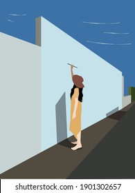 A woman painter wearing a hat is painting on the wall under the morning sun