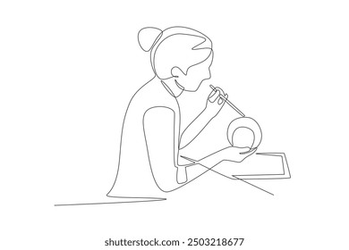 Woman painting ashtrays from clay. Handmade concept one-line drawing