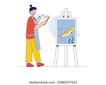 Woman painting a beautiful fish, love art hobby. Character design. Vector flat illustration