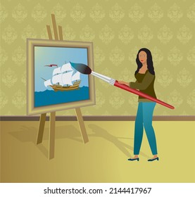 Woman painting boat. Vector illustration.