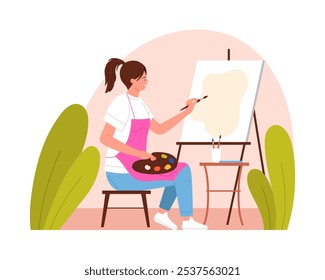 Woman painting with brush on canvas, artist holding palette vector illustration