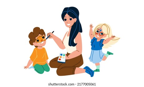 Woman Painting Children Face With Paint Vector. Young Lady Painting Children Face, Schoolboy Like Tiger And Schoolgirl With Butterfly. Characters Enjoying Together Flat Cartoon Illustration
