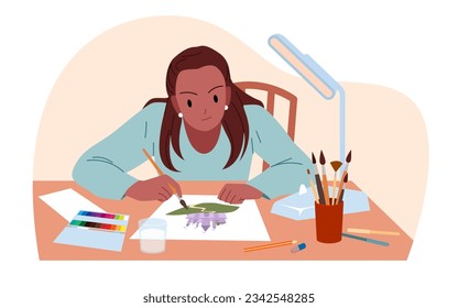 Woman painting creative picture on paper vector illustration. Cartoon isolated workplace scene of female designer, young productive artist and creator character drawing with brush at desk with lamp